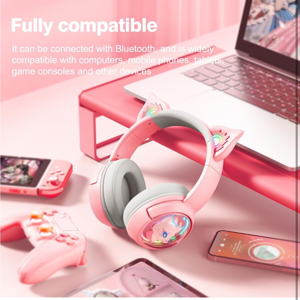 Wireless & Wired Mode Headset with Mic, RGB LED Light